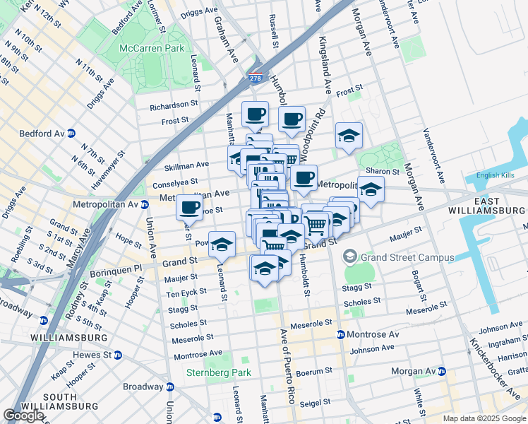 map of restaurants, bars, coffee shops, grocery stores, and more near 260 Ainslie Street in Brooklyn