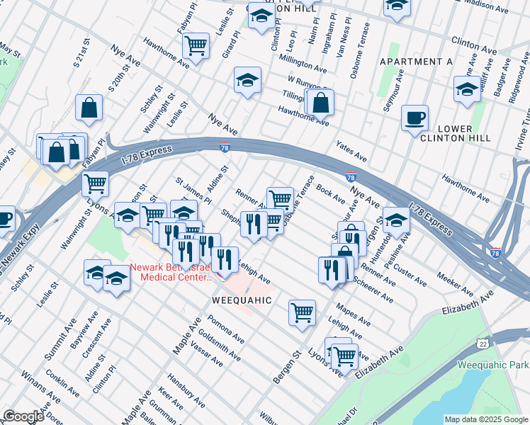 map of restaurants, bars, coffee shops, grocery stores, and more near 282 Renner Avenue in Newark