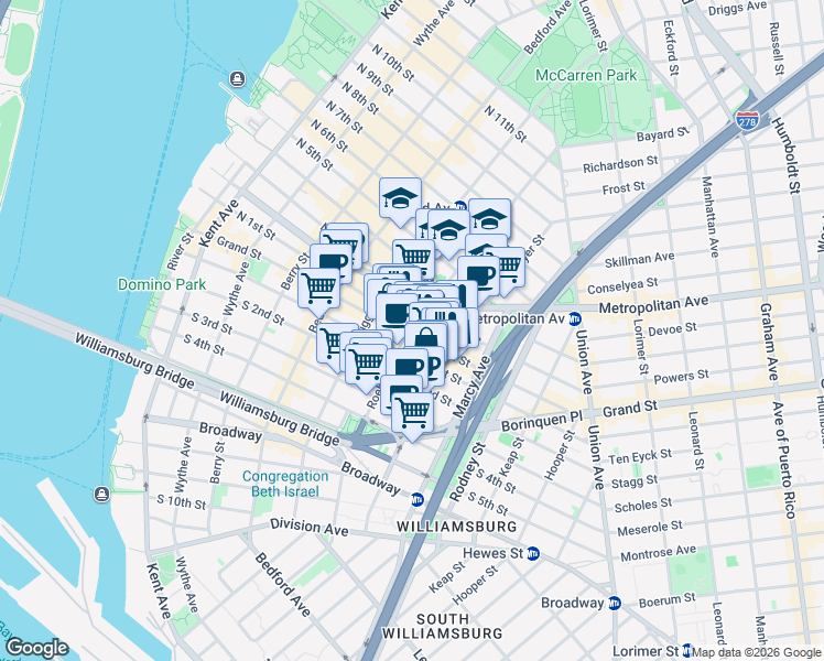 map of restaurants, bars, coffee shops, grocery stores, and more near 267B Grand Street in Brooklyn