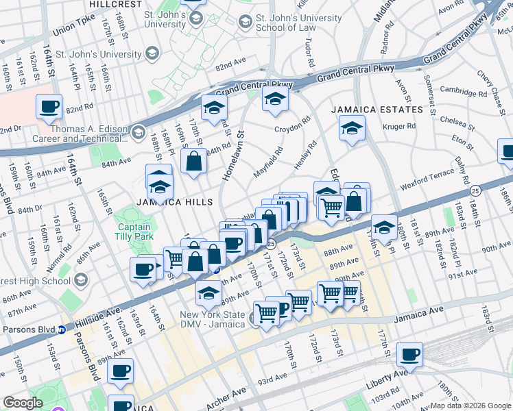 map of restaurants, bars, coffee shops, grocery stores, and more near 87-03 Kingston Place in Queens