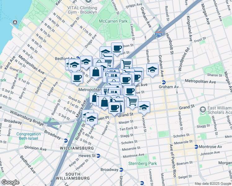 map of restaurants, bars, coffee shops, grocery stores, and more near 11 Devoe Street in Brooklyn