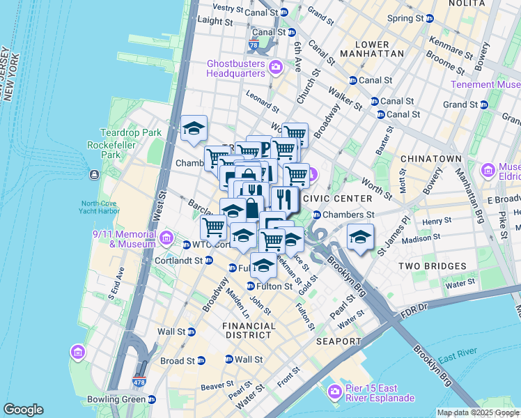 map of restaurants, bars, coffee shops, grocery stores, and more near 250 Broadway in New York