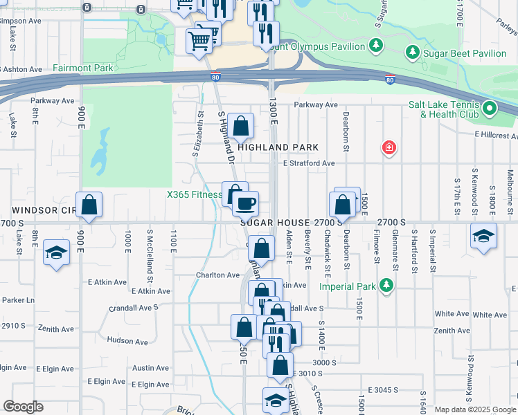 map of restaurants, bars, coffee shops, grocery stores, and more near 1274 Malvern Avenue in Salt Lake City