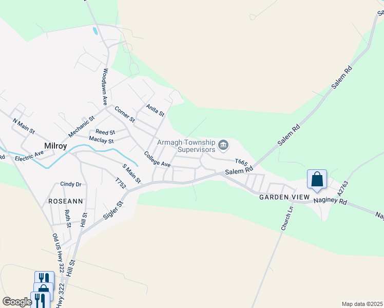 map of restaurants, bars, coffee shops, grocery stores, and more near 236 Broad Street in Milroy