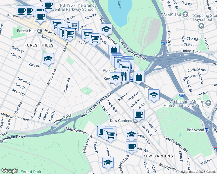 map of restaurants, bars, coffee shops, grocery stores, and more near 77-54 Austin Street in Queens