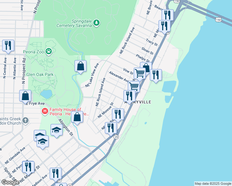 map of restaurants, bars, coffee shops, grocery stores, and more near 600 Spitznagle Avenue in Peoria