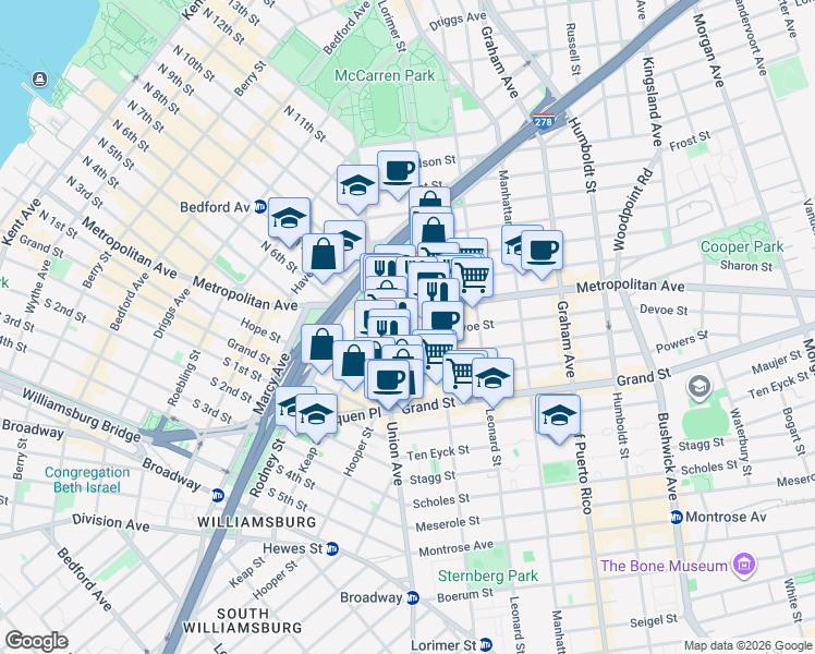 map of restaurants, bars, coffee shops, grocery stores, and more near 38 Devoe Street in Brooklyn