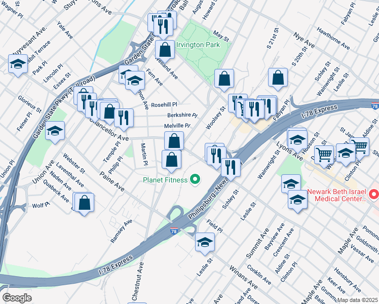 map of restaurants, bars, coffee shops, grocery stores, and more near 1 Woolsey Street in Irvington