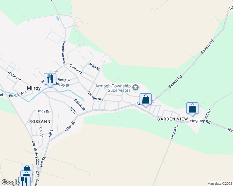 map of restaurants, bars, coffee shops, grocery stores, and more near 236 Broad Street in Milroy