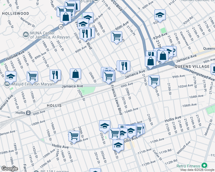 map of restaurants, bars, coffee shops, grocery stores, and more near 204-26 Jamaica Avenue in Queens
