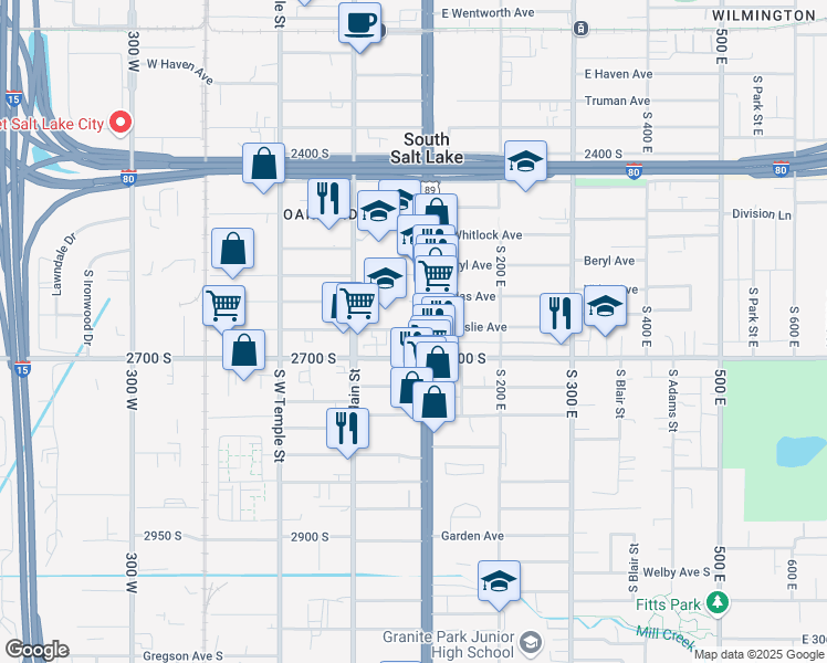 map of restaurants, bars, coffee shops, grocery stores, and more near 2628 South State Street in Salt Lake City