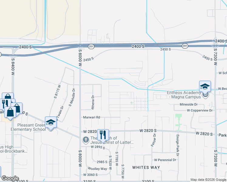 map of restaurants, bars, coffee shops, grocery stores, and more near 7804 W Blawn Wash Ln in Magna
