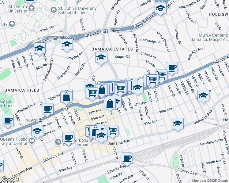 map of restaurants, bars, coffee shops, grocery stores, and more near 179-29 Hillside Avenue in Queens