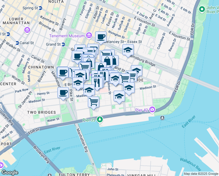 map of restaurants, bars, coffee shops, grocery stores, and more near 211 Clinton Street in New York