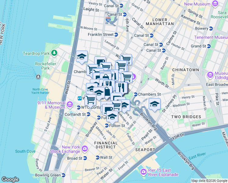 map of restaurants, bars, coffee shops, grocery stores, and more near 257 Broadway in New York
