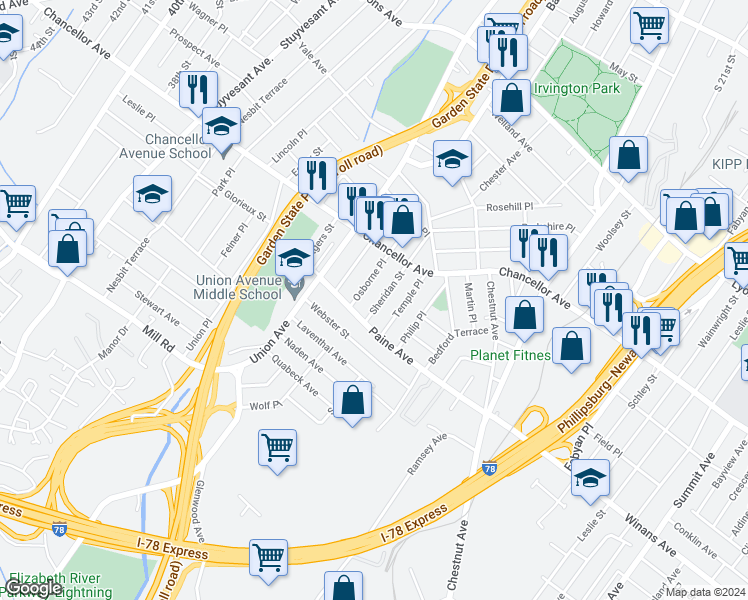 map of restaurants, bars, coffee shops, grocery stores, and more near 39 Temple Place in Irvington