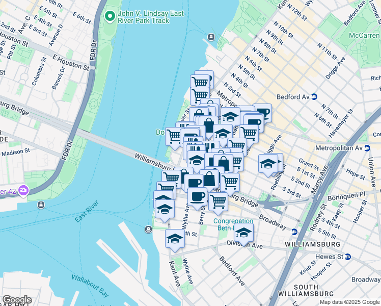 map of restaurants, bars, coffee shops, grocery stores, and more near 36-46 South 4th Street in Brooklyn