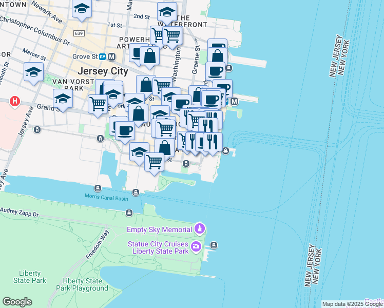 map of restaurants, bars, coffee shops, grocery stores, and more near 33 Hudson Street in Jersey City