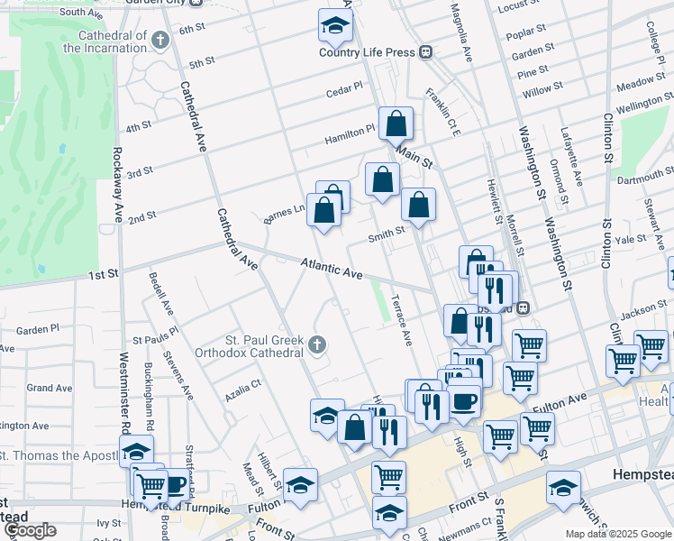 map of restaurants, bars, coffee shops, grocery stores, and more near 124 Atlantic Avenue in Hempstead