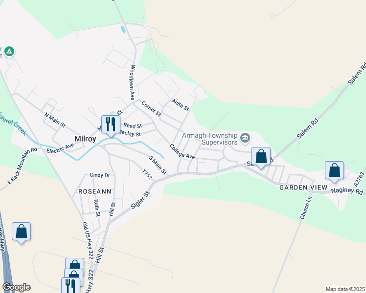 map of restaurants, bars, coffee shops, grocery stores, and more near 71 Center Street in Milroy