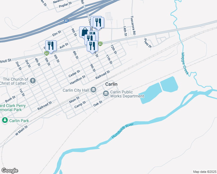 map of restaurants, bars, coffee shops, grocery stores, and more near 824 Camp Street in Carlin