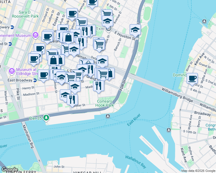 map of restaurants, bars, coffee shops, grocery stores, and more near 575 Grand Street in New York