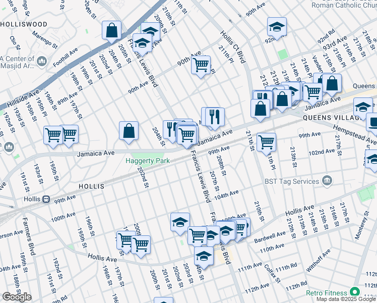 map of restaurants, bars, coffee shops, grocery stores, and more near 99-01 Francis Lewis Boulevard in Queens