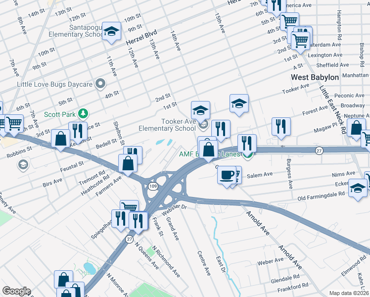 map of restaurants, bars, coffee shops, grocery stores, and more near 256 Farber Drive in West Babylon
