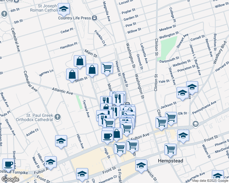 map of restaurants, bars, coffee shops, grocery stores, and more near 180 Main Street in Hempstead