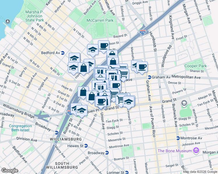 map of restaurants, bars, coffee shops, grocery stores, and more near 38 Devoe Street in Brooklyn