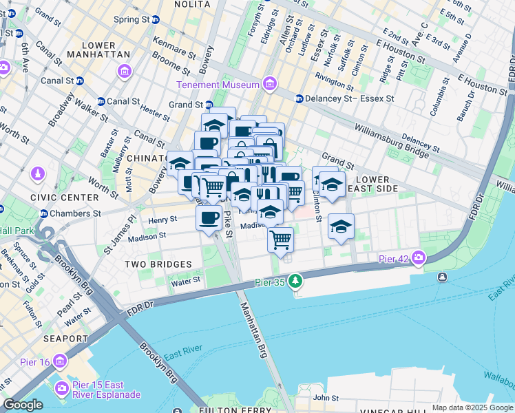 map of restaurants, bars, coffee shops, grocery stores, and more near 139 Henry Street in New York