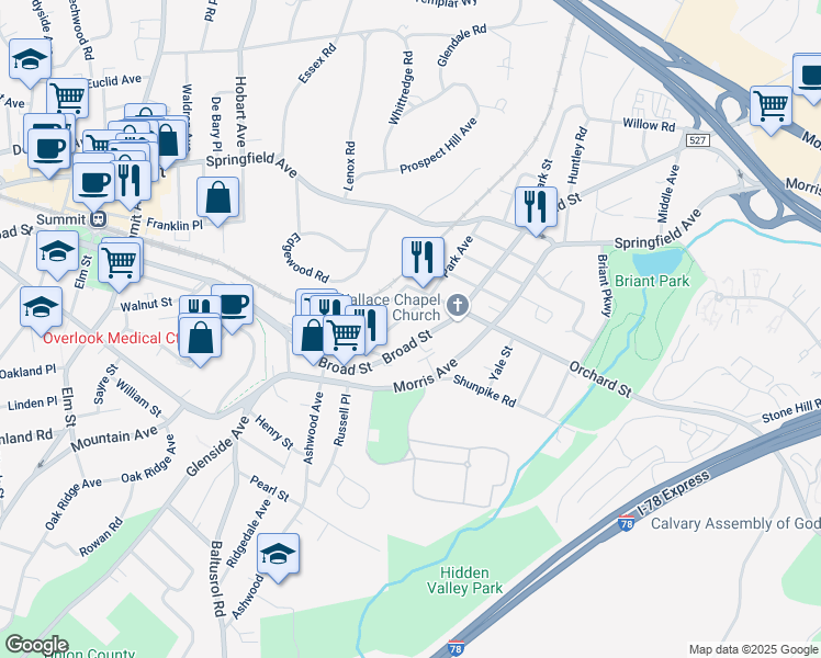 map of restaurants, bars, coffee shops, grocery stores, and more near 169 Broad Street in Summit