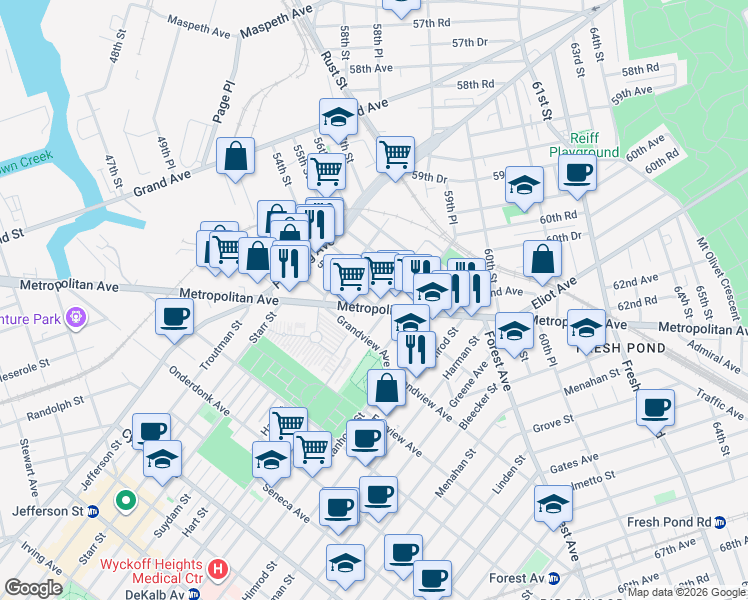 map of restaurants, bars, coffee shops, grocery stores, and more near 53-56 Metropolitan Avenue in Queens