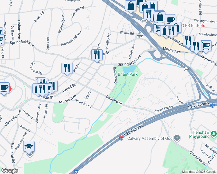 map of restaurants, bars, coffee shops, grocery stores, and more near 36 Edison Drive in Summit