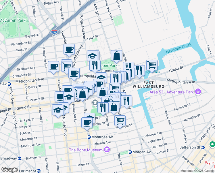 map of restaurants, bars, coffee shops, grocery stores, and more near 958 Grand Street in Brooklyn
