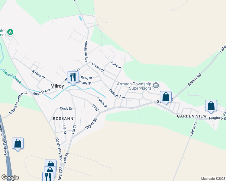 map of restaurants, bars, coffee shops, grocery stores, and more near 101 College Avenue in Milroy
