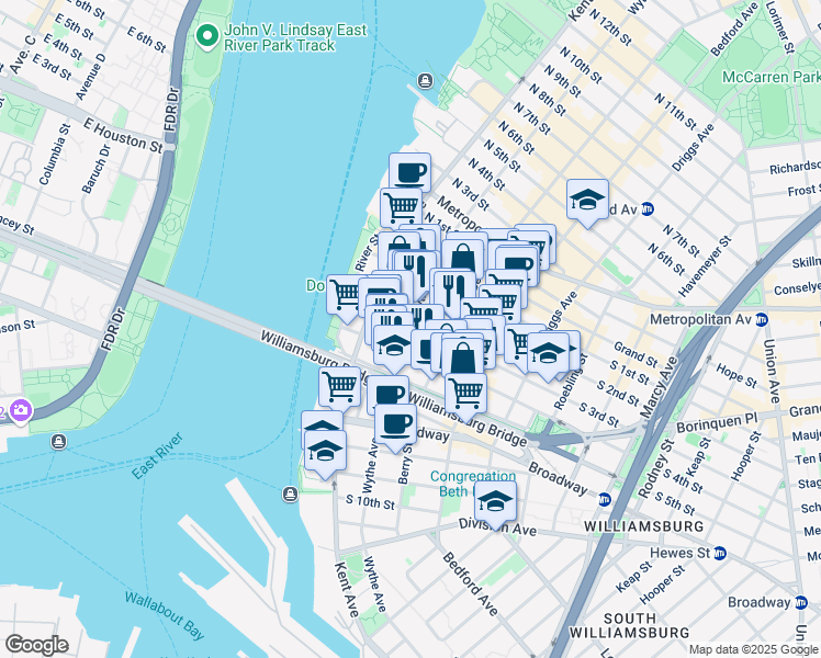 map of restaurants, bars, coffee shops, grocery stores, and more near Wythe Avenue & South 3rd Street in Brooklyn