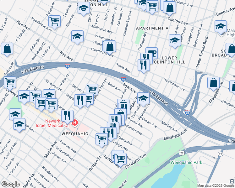 map of restaurants, bars, coffee shops, grocery stores, and more near 371 Seymour Avenue in Newark