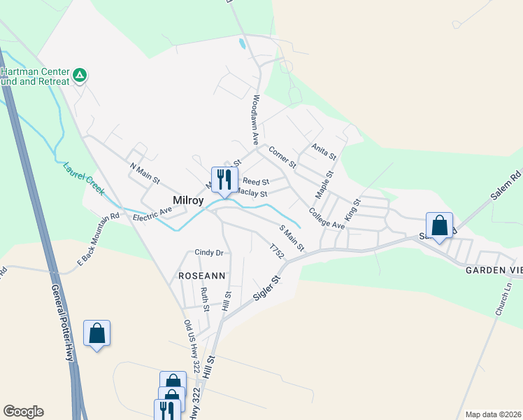 map of restaurants, bars, coffee shops, grocery stores, and more near 90 South Main Street in Milroy