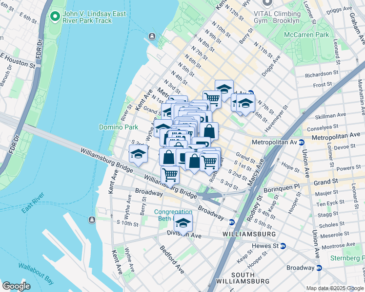 map of restaurants, bars, coffee shops, grocery stores, and more near 320 Bedford Avenue in Brooklyn