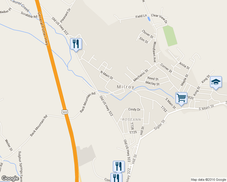 map of restaurants, bars, coffee shops, grocery stores, and more near 55 Electric Avenue in Milroy