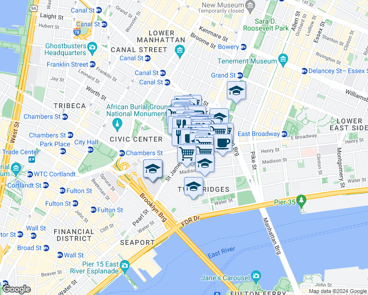 map of restaurants, bars, coffee shops, grocery stores, and more near Worth St & Mott St in New York
