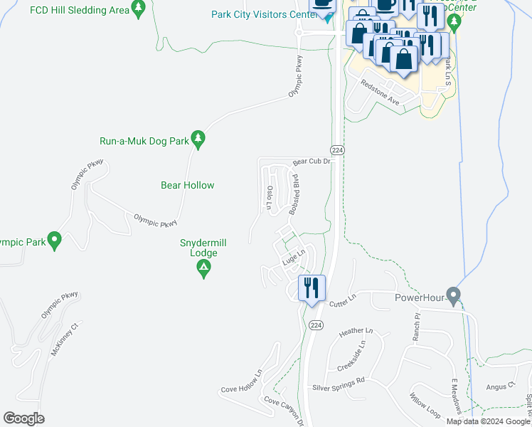 map of restaurants, bars, coffee shops, grocery stores, and more near 5569 Oslo Lane in Park City