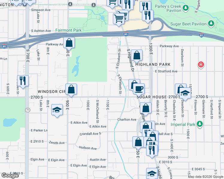 map of restaurants, bars, coffee shops, grocery stores, and more near 2642 South 1100 East in Salt Lake City