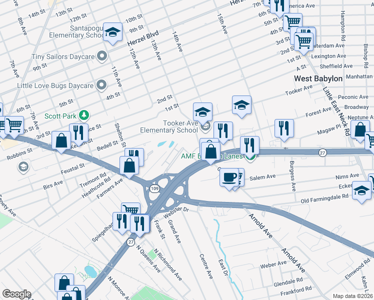 map of restaurants, bars, coffee shops, grocery stores, and more near 256 Farber Drive in West Babylon