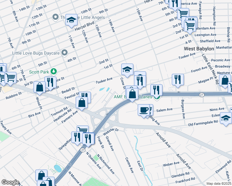 map of restaurants, bars, coffee shops, grocery stores, and more near 122 Farber Drive in West Babylon
