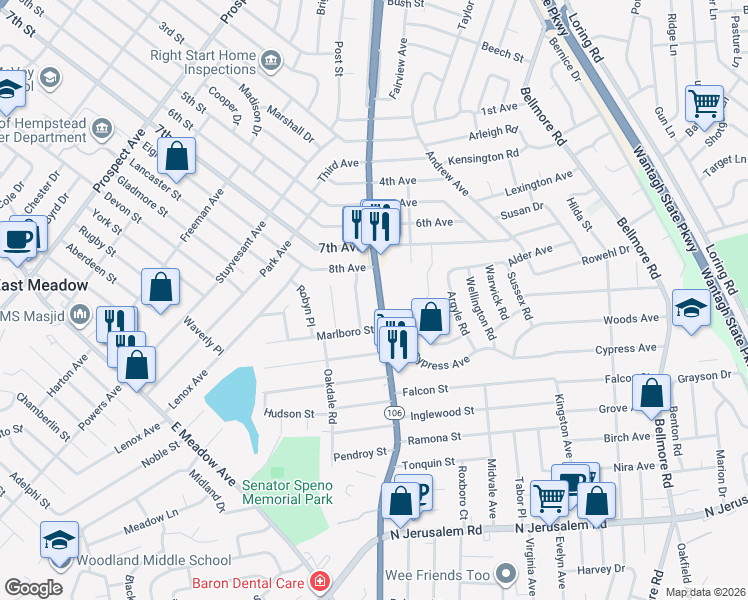map of restaurants, bars, coffee shops, grocery stores, and more near 415 Abington Place in East Meadow