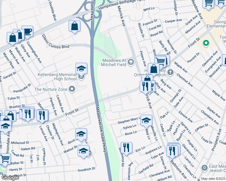 map of restaurants, bars, coffee shops, grocery stores, and more near 343 Spring Drive in East Meadow