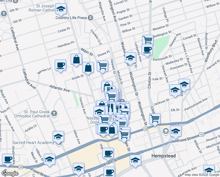 map of restaurants, bars, coffee shops, grocery stores, and more near 180 Main Street in Hempstead