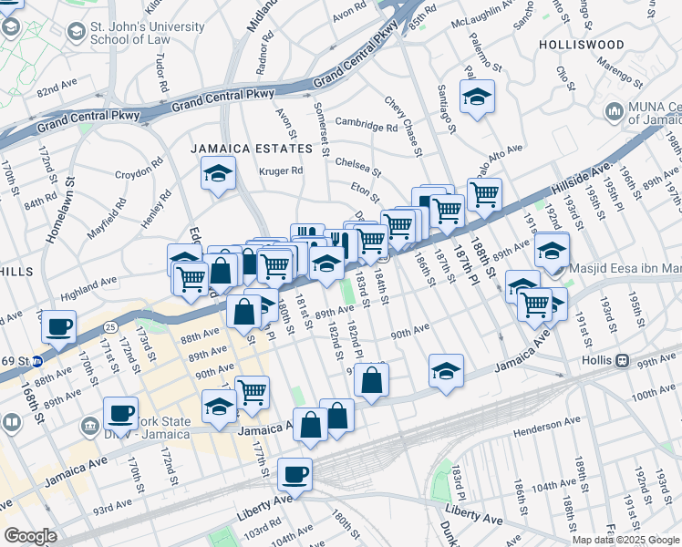 map of restaurants, bars, coffee shops, grocery stores, and more near 88-24 183rd Street in Queens